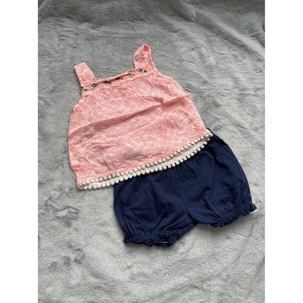 Carters Baby Girl Two-Piece Outfit 9M Pink Sleeveless Top With Blue Bloomers Pom